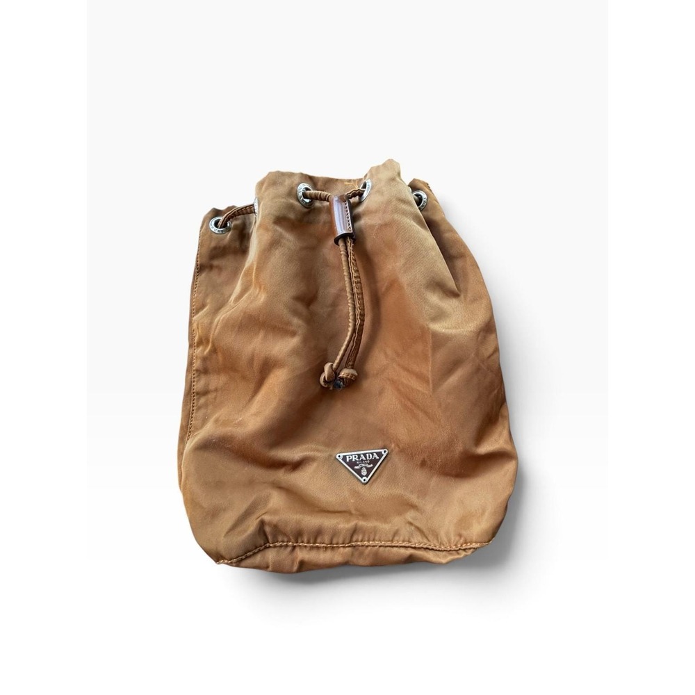 Vintage 90s Prada Tessuto Nylon Drawstring Pouch Brown Logo Accessory Bag